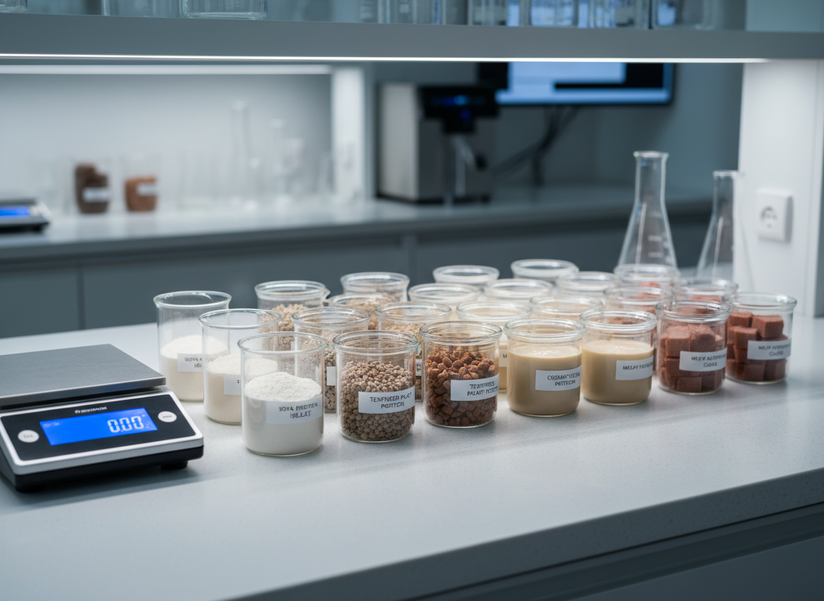 An organized R&D countertop in a modern food innovation lab, featuring a series of transparent glass beakers and small lidded containers filled with different high-protein plant-based samples: fine soya protein isolate powder, textured granules, creamy plant-based protein paste, and neatly cut test cubes of meat alternative. Each container is labeled with simple, clean tags, and a stainless-steel digital scale sits nearby. Cool, neutral studio-style lighting from above and slightly to the side creates subtle reflections on the glass and metal. Shot from a slightly elevated angle with selective focus on the central beakers, the background gradually softening into blur. The photographic realism, precise composition, and uncluttered environment convey scientific rigor, innovation, and professionalism.
