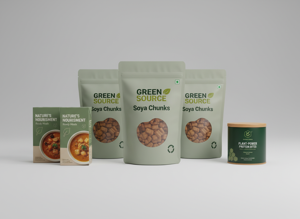A premium retail-ready product lineup of plant-based protein foods arranged on a seamless light gray background: matte-finish stand-up pouches of soya chunks, sleek cartons of plant-based ready meals, and a cylindrical container of protein-rich snack bites. Each package features bold, minimalist branding with green and earthy accent colors, clean typography, and subtle icons suggesting nutrition and sustainability. Soft, even studio lighting from both sides minimizes harsh shadows while creating a gentle gradient on the packaging surfaces. Captured at eye level with sharp focus across the frame, the composition is symmetrical and orderly, evoking reliability and scale. Photographic realism and a modern, professional aesthetic emphasize shelf appeal, brand cohesion, and consumer trust in plant-based protein solutions.