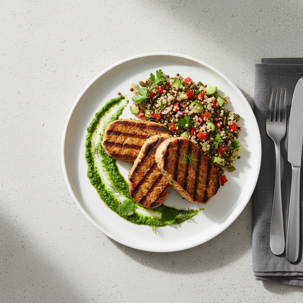 A close-up overhead shot of a minimalist white plate presenting a beautifully arranged high-protein plant-based meal: grilled marinated soya fillets with defined char lines, a colorful quinoa and lentil salad, and a drizzle of vibrant green herb sauce. The plate rests on a light concrete surface with subtle texture, accompanied by a neatly folded gray napkin and simple stainless steel cutlery. Diffused natural daylight from an unseen window softly illuminates the scene, enhancing the colors and casting very gentle shadows. The composition follows the rule of thirds, with negative space emphasizing the elegance of the dish. Photographic realism, clean lines, and a calm, professional atmosphere highlight modern, nutritious plant-based dining.