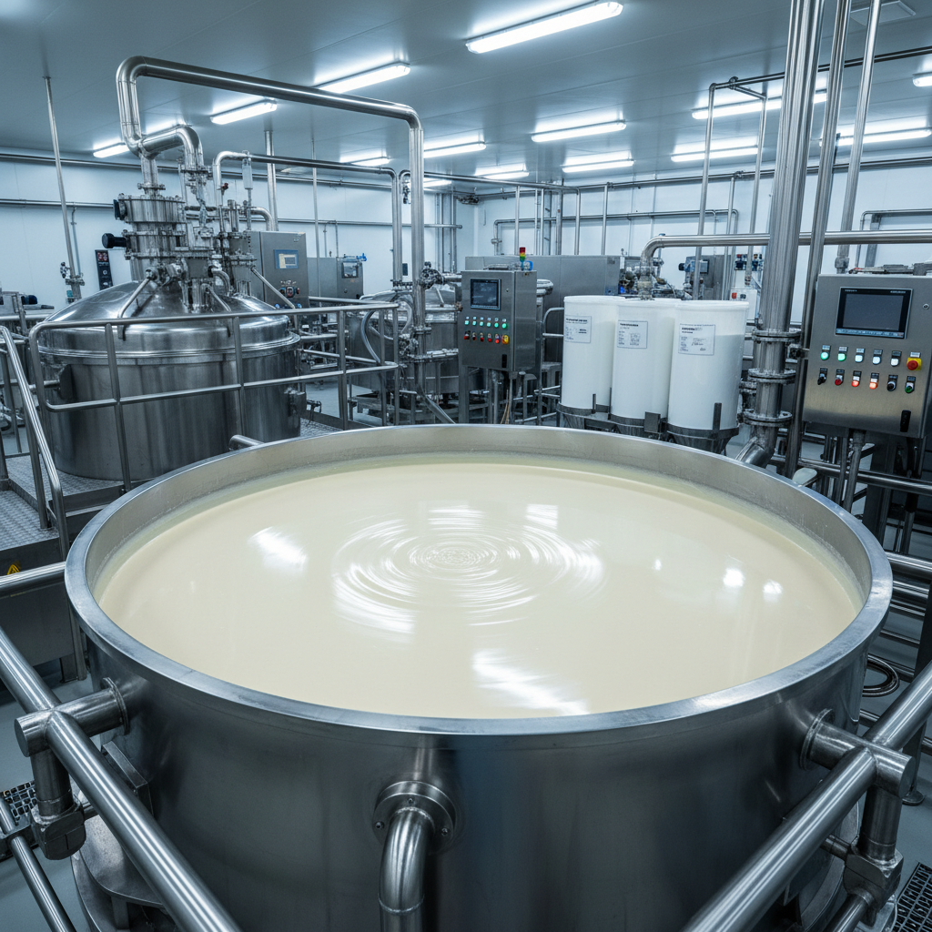 Industrial stainless-steel mixing vessel filled with swirling pale cream-colored soya protein slurry, its surface glossy and smooth, with fine ripples indicating motion. Surrounding the vessel are neatly arranged, spotless production equipment elements: gleaming pipes, control panels with small indicator lights, and labeled ingredient containers, all meticulously clean. Cool, even overhead factory lighting reflects off the metal surfaces, creating crisp highlights and defined shadows that emphasize precision. Captured from a slightly elevated angle with sharp focus throughout, the composition showcases the scale and hygiene of a modern food manufacturing facility. The photographic realism and structured, professional aesthetic convey technological innovation, safety, and quality assurance in plant-based protein production.